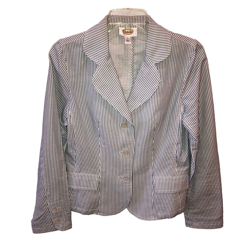 Talbots Womens Size 4 Blue White Pinstripe Seersucker Blazer Jacket Classic